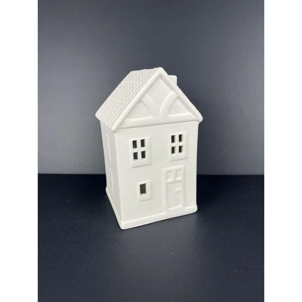 Crate & Barrel White Ceramic Two Story Village House Luminary Curved Roof